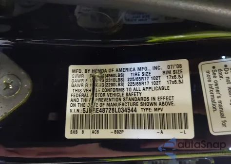 2008 Honda Cr-V Ex-L z USA, uszkodzony, nr VIN 5J6RE48728L034544